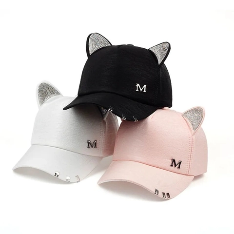 Berretto Da Baseball In Cotone Con Orecchie Di Gatto Strass Lega Decorazione Anello Di Metallo Dolce Estate Protezione Solare