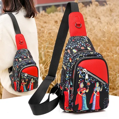 Borsa Da Petto Da Donna In Nylon Pelle PU Stampa Etnica Cartone Animato Tasche Multiple Tracolla Regolabile Casual