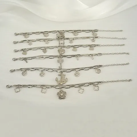 Stainless Steel Double Layer Chain Bracelet With Heart Anchor Unicorn Charm Adjustable For Women Hip Hop Style