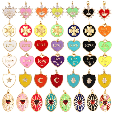 DIY Schmuck Anhänger Kupfer Emaille Zirkon Herz Böser Blick Hamsa Hand Schild Mond Stern Klee Love Hot Mama