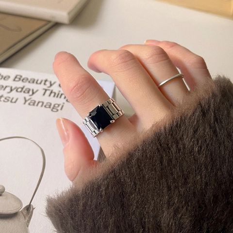 Anello Vintage In Argento Sterling 925 Con Zircone Nero Stile Cinturino D'Orologio Regolabile Gioielli Da Donna