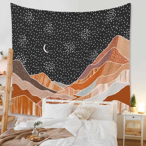 Tappezzeria Montagna Astratta Notte Stellata Luna Stella Tessuto Poliestere Decorazione Parete Bohemien Arte Moderna Per Camera