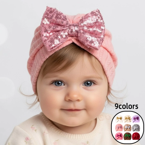 Baby Turban Hat Soft Knitted Beanie With Large Sequin Bow Cute Infant Newborn Toddler Headwrap Fashion Accessories