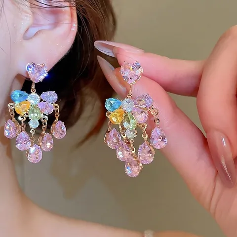 Bunte Zirkon Herz Wassertropfen Quasten Ohrhänger Mit Silver Earring Post Kupfer Luxus Schmuck Für Frauen