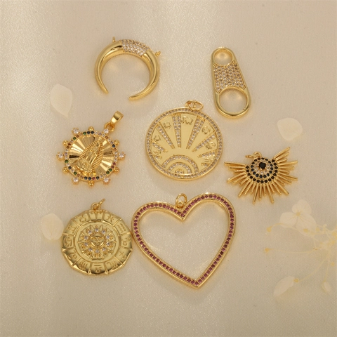 Gold Plated Copper Charms Pendants With Zirconia For Jewelry Making Zodiac Heart Moon Evil Eye DIY Crafts