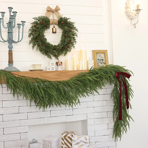 Christmas Wreath Garland Realistic Pine Needles Pinecones Burlap Bow Metal Bells Front Door Fireplace Wall Rustic Decor