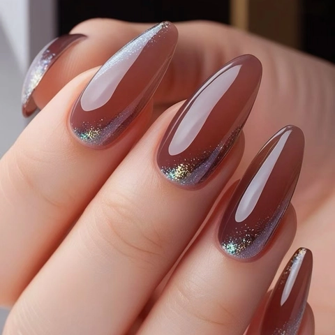 Press On Nagels Amandelvorm Roodbruin Glans Cat Eye Glanzend ABS Kunststof Retro Elegant Ins Stijl Voor Vrouwen