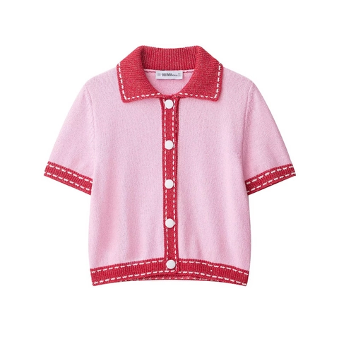 Top Polo In Maglia Da Donna Finiture A Contrasto Cardigan A Maniche Corte Maglione Stile Vintage
