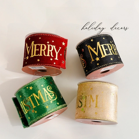 Christmas Ribbon Velvet Gold Foil Stamped Merry Christmas Letter Snowflake Tree Decoration Gift Wrapping DIY Supplies