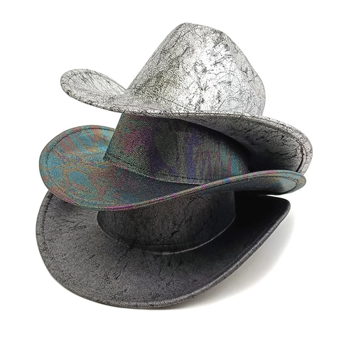 Western Cowboyhoed Metallic Gebarsten Textuur Brede Rand Jazz Fedora Voor Punk Party Podium Performance Unisex Polyester