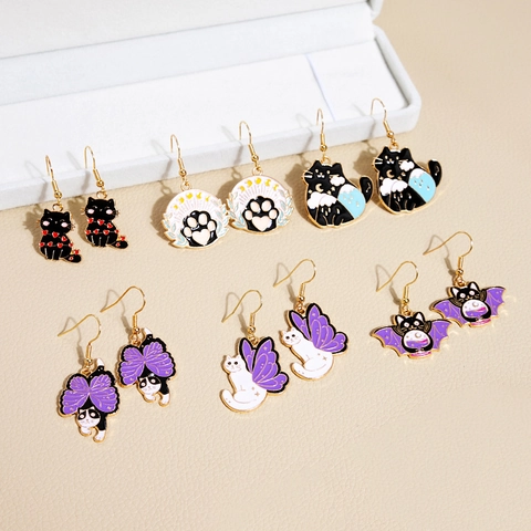 Cartoon Kat Vleermuis Hanger Oorbellen Legering Emaille Met 925 Sterling Zilveren Oorsteker Schattige Dieren Sieraden Dames