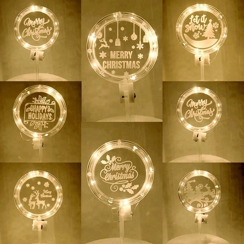 LED Luminous Cake Topper Acrylic Glowing Christmas Round Decoration Happy New Year Party Supplies
