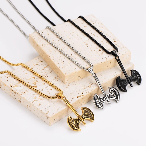 Collana Con Ciondolo A Doppia Ascia Da Battaglia Acciaio Inossidabile 304 Vichingo Nordico Retro Punk Hip Hop Per Uomini