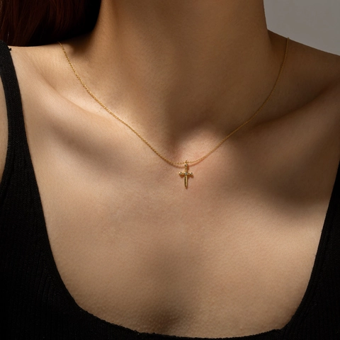 Collana Pugnale Argento Sterling 925 Ciondolo Spada Croce Con Zircone Placcato Oro 18K Gioielli Di Moda Per Donne