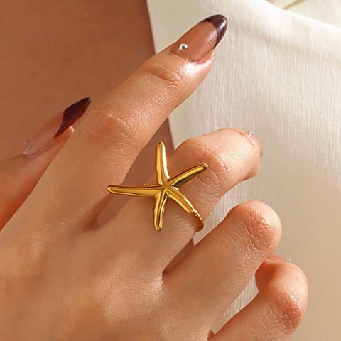 Starfish Open Ring Stainless Steel Adjustable Textured Band Ocean Beach Style Fashion Jewelry For Women