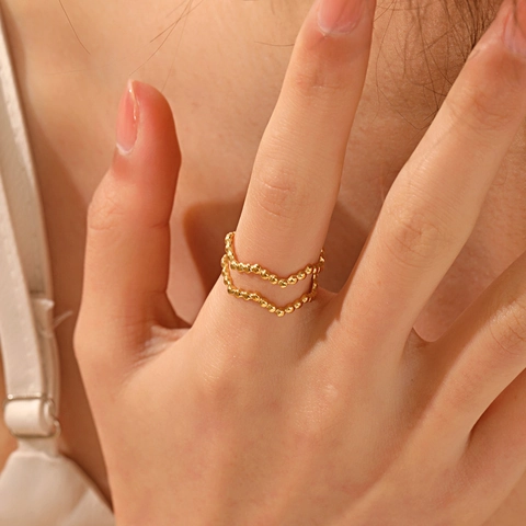 Double Layer Wave Beaded Ring Stainless Steel 18K Gold Plated Adjustable Open Band Minimalist Trendy Jewelry For Women