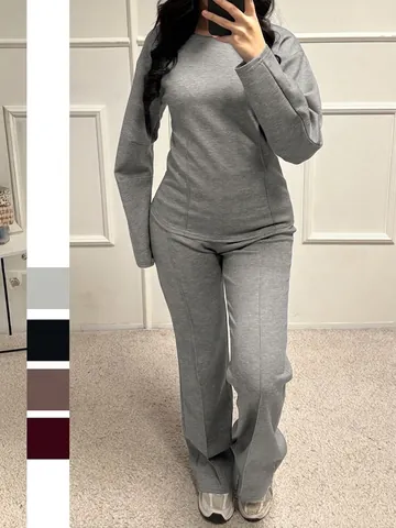 Women Long Sleeve Top And Wide Leg Pants Casual Lounge Outfits Polyester Solid Color Decorative Seam Details Autumn