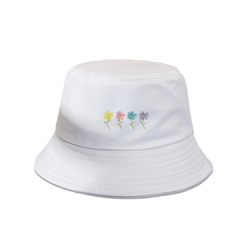 Women Cotton Bucket Hat With Four Flower Embroidery Wide Brim Sun Protection Fashion Summer Casual Basin Hat