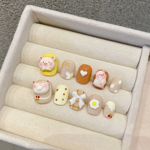 Uñas Postizas Hechas A Mano 3D Dibujos Animados Cerdo Corazón Lazo Diseño Macaron Colorido Lindo Reutilizable Para Mujeres