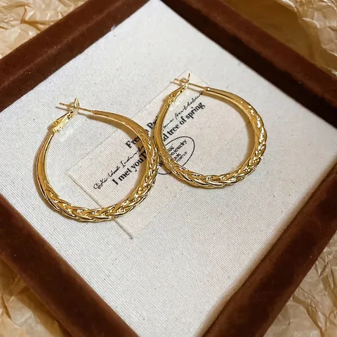 Orecchini A Cerchio Rotondi Intrecciati Oro Con Perno In Argento Sterling 925 Trama Attorcigliata Moda Retro Per Donne