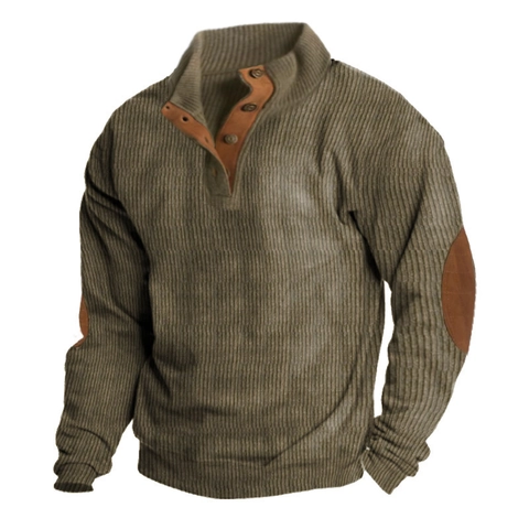 Men's Vintage Corduroy Henley Shirt Long Sleeve Top With Contrast Elbow Patches Solid Color Polyester Ribbed Sweatshirt