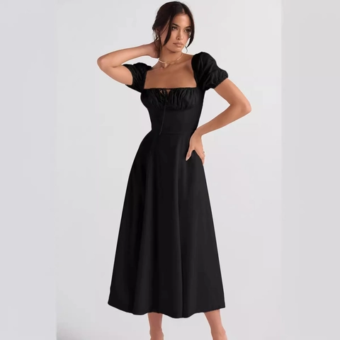 Women Midi Dress Polyester Square Neck Puff Sleeve High Waist Split Hem French Retro Elegant Solid Color Slimming