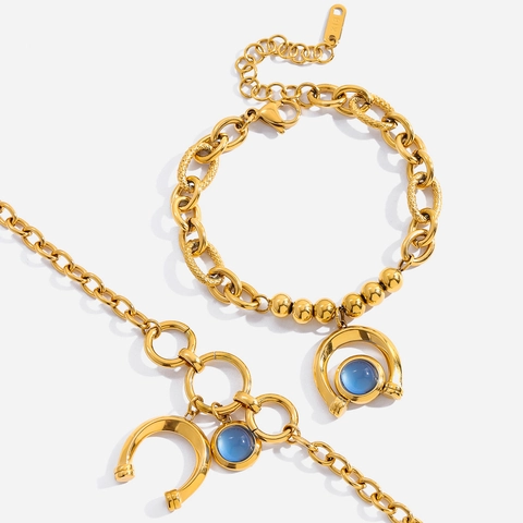 Bracelet Pendentif Fer À Cheval En Acier Inoxydable Plqué Or 18K Résine Bleue Bijoux Pour Femmes Style Équestre