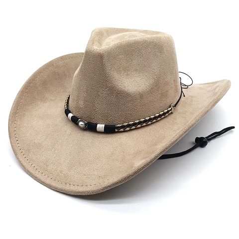 Western Cowboy Hat Suede Wide Brim Adjustable Chin Strap Braided Band Artificial Pearl Ethnic Style For Men Women