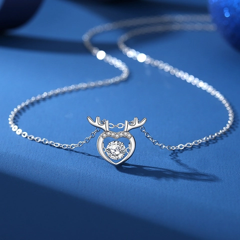 925 Sterling Silver Dancing Heart Moissanite Necklace Elegant Deer Antler Pendant Necklace For Women Zirconia Jewelry Gift