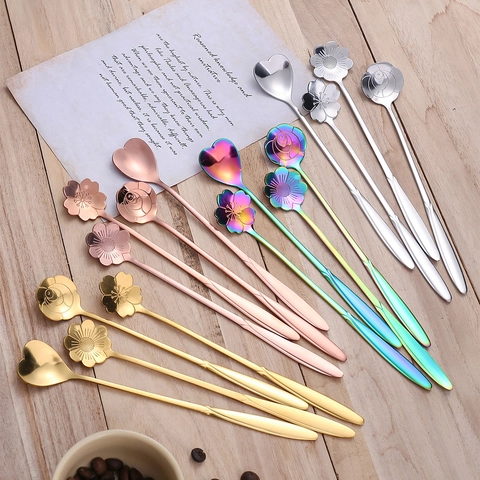 Stainless Steel Stirring Spoons Long Handle Flower Heart Shaped Golden Coffee Tea Dessert Spoons Elegant Japanese Style