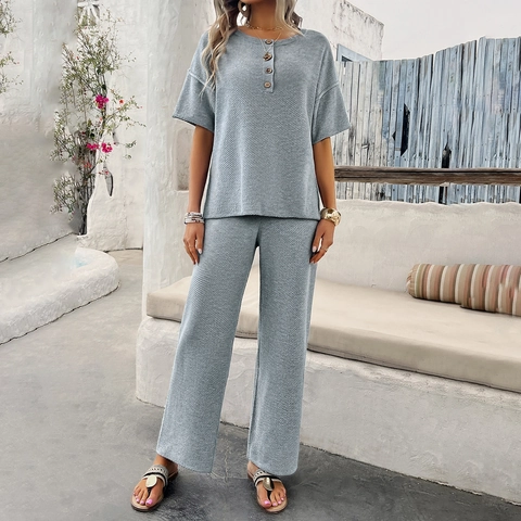 Dames Wafelgebreide Top Met Korte Mouwen Henley V-Hals En Wijde Broek Casual Zomer Vakantie Lounge Outfits