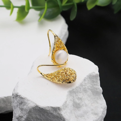 Vintage Bird's Nest Freshwater Pearl Drop Earrings With 925 Sterling Silver Earring Post 18K Gold Plated Jewelry For Women