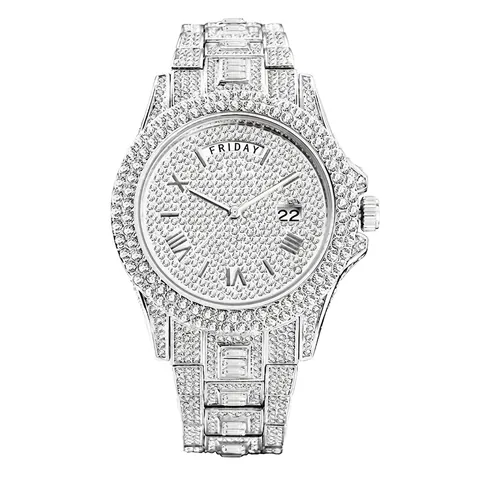 Orologio Quarzo Uomo Iced Out Diamante Completo Cinturino Lega Fibbia Acciaio Inossidabile Giorno Data Numero Romano Lusso