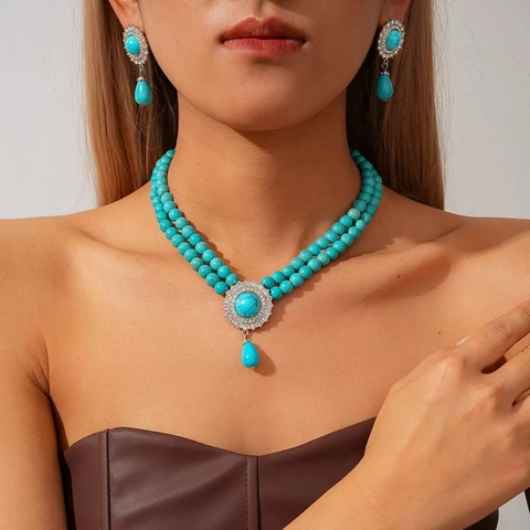 Vintage Bohemian Multi Layer Necklace And Earrings Alloy Rhinestone Faux Artificial Pearl Turquoise Waterdrop Pendant Jewelry For Women