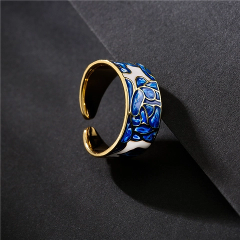 Vintage Blau Weißes Porzellan Emaille Offener Ring Für Damen Kupfer Gold Vergoldet Verstellbarer Geometrischer Zirkon Schmuck