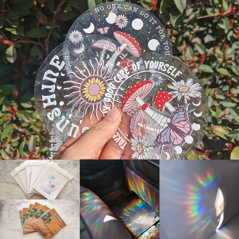 Holographic Rainbow Suncatcher Static Window Sticker PVC Prism Decal Anti-Collision Mushroom Moon Phase Decorative