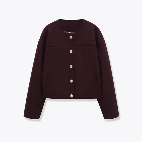 Chaqueta Elegante De Cuello Redondo Para Mujer Color Burdeos Textura De Lana Manga Larga Botones Dorados Casual Clásica