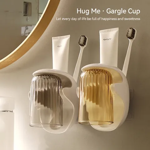 Wall Mounted Magnetic Toothbrush Holder With Striped Mouthwash Cups No-Drill Plastic Bathroom Storage Rack Organizer