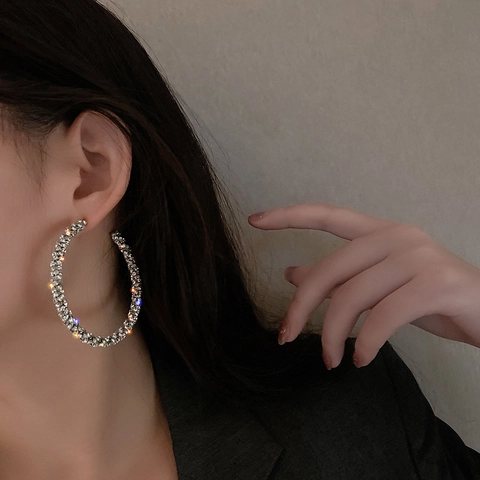 Grote Ronde Hoop Oorbellen Legering Strass Pave Geometrische Circulaire Mode Sieraden Voor Vrouwen Met Oorsteker