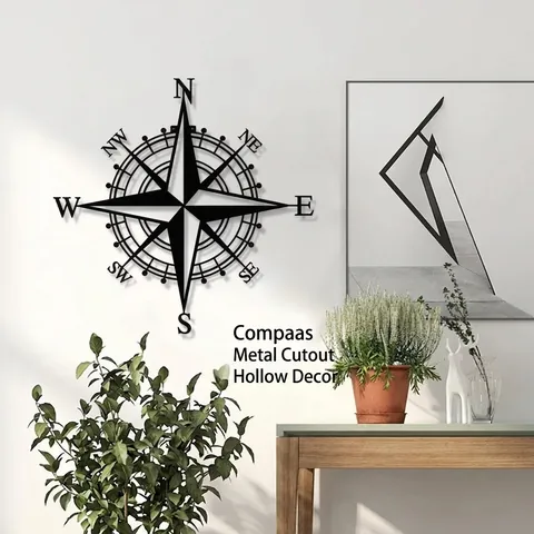 Nautical Compass Metal Wall Art Decor Hollow Out Iron Hanging Sign For Home Living Room Office Vintage Style