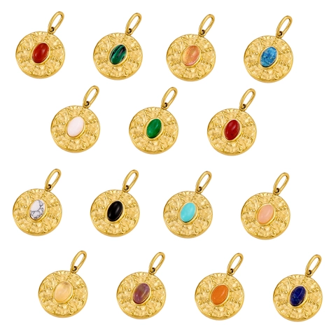 Pendenti Tondi Vintage Acciaio Inossidabile Intarsio Pietre Dure Forniture Fabbricazione Gioielli DIY Stile Boho Ciondoli Placcati Oro