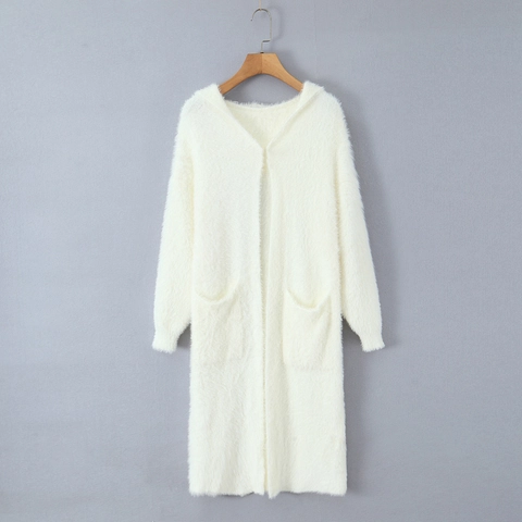 Womens Hooded Mid-length Knit Cardigan Sweater Faux Mohair Plush Open Front With Pockets Casual Solid Color