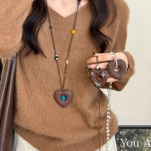 Vintage Long Sweater Chain Necklace Heart Pendant Horse Element Faux Artificial Pearl Beaded Retro Jewelry For Women