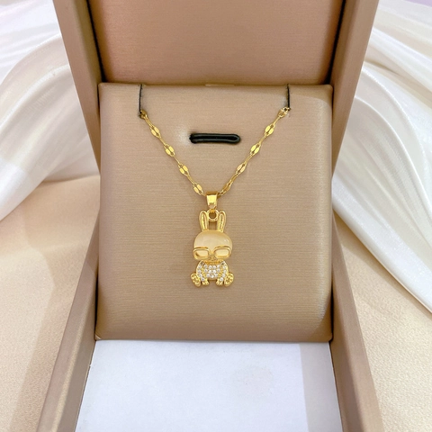 Hasen Anhänger Halskette Mit Brille Katzenaugenstein Mikro Eingelegter Zirkon Vergoldet Titan Stahlkette Für Damen