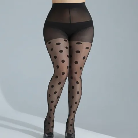 Women Plus Size Polka Dot Tights Sheer High Waist Large Dot Pantyhose Nylon Spandex Elastic Fashion Black