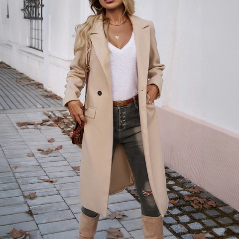 Women Long Woolen Look Coat Elegant Buttoned Lapel Collar Jacket For Autumn Winter Commute Daily Outwear