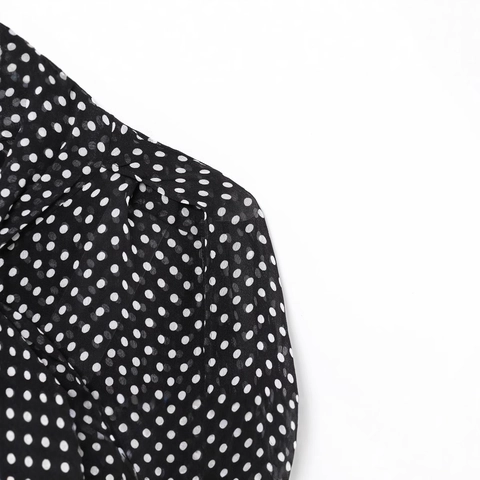 Polka Dot Chiffon Blouse Met Strik Nek Lange Lantaarnmouwen Opstaande Kraag Vintage Elegant Shirt Voor Dames