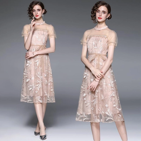 Champagner Mesh Besticktes Abendkleid Perlen Pailletten Elegant Kurz Laternenärmel Hohe Taille Party Midi Kleid Damen