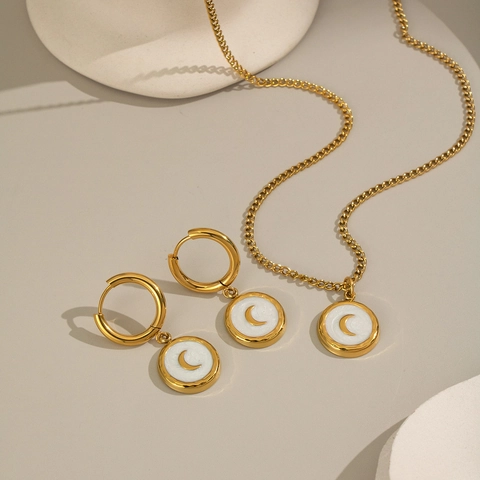 Collana Con Pendente A Mezzaluna E Orecchini In Acciaio Inossidabile Placcato Oro Conchiglia Bianca Gioielli Celesti
