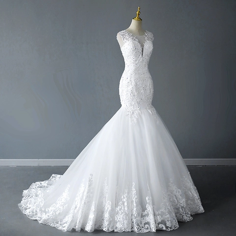 Abito Da Sposa Sirena Elegante Applique In Pizzo Scollo A V Profondo Paillettes Tulle Rete Matrimonio